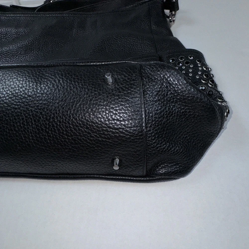 Italian Lux Furla Black Pebbled Leather Hobo‎  Bag Silver Hardware Grommets